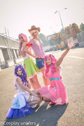 Size: 640x960 | Tagged: safe, artist:evaangelyne, derpibooru import, applejack, fluttershy, pinkie pie, rarity, human, 2015, clothes, cosplay, costume, cowboy hat, hand on hip, hat, irl, irl human, photo