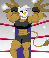 Size: 1809x2166 | Tagged: safe, artist:matchstickman, derpibooru import, gilda, anthro, griffon, abs, biceps, boxing, boxing gloves, boxing ring, breasts, clothes, female, flexing, gil-zongas, muscles, muscular female, rippda, shorts, solo, sports, sports bra, sports shorts