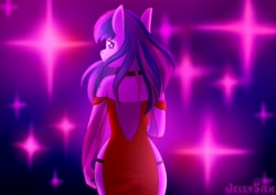 Size: 4093x2894 | Tagged: safe, artist:jellysiek, derpibooru import, twilight sparkle, anthro, ass, butt, choker, female, looking at you, looking back, looking back at you, red dress, side slit, signature, solo