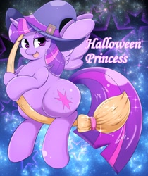 Size: 2479x2958 | Tagged: safe, artist:braffy, derpibooru import, twilight sparkle, twilight sparkle (alicorn), alicorn, pony, broom, chubby, fat, female, flying, flying broomstick, halloween, hat, high res, holiday, looking at you, looking back, mare, open mouth, smiling, solo, spread wings, stars, twilard sparkle, wings, witch, witch hat