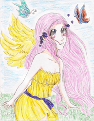 Size: 785x1018 | Tagged: safe, artist:randomninjakitty, derpibooru import, fluttershy, butterfly, human, 2012, bare shoulders, female, humanized, traditional art, wings