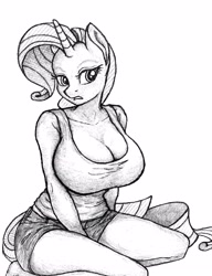 Size: 3040x3968 | Tagged: source needed, safe, artist:horselover fat, derpibooru import, part of a set, rarity, anthro, plantigrade anthro, unicorn, big breasts, breasts, cleavage, clothes, female, monochrome, raritits, sitting, solo, tanktop