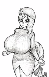 Size: 2616x4080 | Tagged: source needed, safe, artist:horselover fat, derpibooru import, part of a set, rarity, anthro, unicorn, beret, big breasts, breasts, clothes, hat, huge breasts, looking at you, monochrome, raritits, sweater