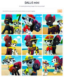Size: 768x924 | Tagged: safe, artist:dall·e mini, artist:thegamerpainter, derpibooru import, machine learning generated, fizzlepop berrytwist, tempest shadow, dog, pony, unicorn, artificial intelligence, beach, caption, cursed image, dall·e mini, dalmatian, duo, female, fusion, image macro, machine learning abomination, male, marshall (paw patrol), not salmon, palm tree, paw patrol, shipping, shipping fuel, text, tree, wat, what has science done