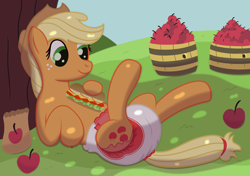 Size: 2800x1976 | Tagged: safe, artist:sweetielover, derpibooru import, applejack, earth pony, pony, apple, bag, barrel, countryside, diaper, diaper fetish, female, fetish, food, non-baby in diaper, sandwich, solo, sweet apple acres, tree