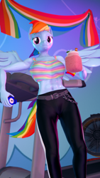 Size: 2160x3840 | Tagged: safe, artist:silkworm205, derpibooru import, rainbow dash, anthro, pegasus, art pack:pin-up paradise 2022, 3d, 4k, abs, armband, belt, chains, clothes, colored eyebrows, drink, fan, female, high res, interior, looking at you, midriff, muscles, muscular female, pants, rainbow dash's house, rainbow flag, revamped anthros, short shirt, smoothie, solo, source filmmaker, spread wings, stopwatch, sweat, sweatpants, treadmill, wings