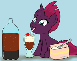 Size: 1200x960 | Tagged: safe, artist:empyu, derpibooru import, fizzlepop berrytwist, tempest shadow, pony, unicorn, cute, drink, female, filly, filly tempest shadow, foal, food, ice cream, root beer, root beer float, tempestbetes, younger