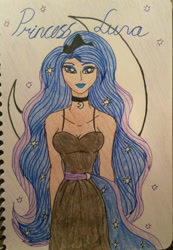 Size: 893x1292 | Tagged: safe, artist:glaceonfrozen, derpibooru import, princess luna, human, female, humanized, looking at you, moon, solo, traditional art