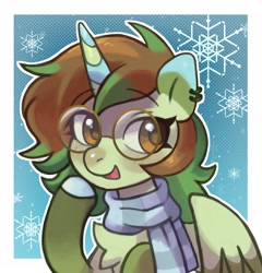 Size: 1535x1600 | Tagged: safe, artist:horseyuris, derpibooru import, oc, oc only, alicorn, pony, bust, chest fluff, clothes, commission, ear piercing, earring, female, glasses, jewelry, mare, piercing, scarf, snow, snowflake, solo