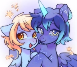 Size: 1843x1600 | Tagged: safe, artist:horseyuris, derpibooru import, oc, oc only, alicorn, pegasus, pony, commission, constellation, duo, female, hoof around neck, looking at you, mare, open mouth, open smile, smiling, smiling at you, stars