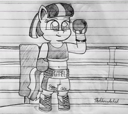 Size: 1280x1136 | Tagged: safe, artist:ct1443ae, derpibooru import, coco pommel, earth pony, semi-anthro, boxing, boxing gloves, boxing ring, boxing shoes, boxing shorts, clothes, lined paper, pencil drawing, shoes, shorts, solo, sports, traditional art