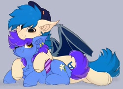 Size: 1518x1100 | Tagged: safe, artist:little-sketches, derpibooru import, oc, oc:evening lily, oc:moonshot, bat pony, pony, baseball cap, cap, cuddling, cute, ear piercing, eveshot, female, hat, looking at each other, looking at someone, male, oc x oc, one eye closed, piercing, shipping, spread wings, wings