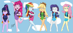 Size: 923x419 | Tagged: safe, artist:denisseguadiana, derpibooru import, applejack, fluttershy, pinkie pie, rainbow dash, rarity, sci-twi, twilight sparkle, equestria girls, clothes, cloud, female, flying, humane five, humane six, jetpack, leotard, sky, sky background