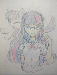 Size: 1111x1468 | Tagged: safe, artist:katanawokataru, derpibooru import, twilight sparkle, human, pony, clothes, female, glasses, horn, humanized, looking at you, mare, one eye closed, open mouth, traditional art