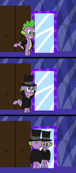 Size: 1024x2304 | Tagged: safe, artist:platinumdrop, derpibooru import, spike, clothes, comic, hat, mirror, request, solo, top hat, tuxedo