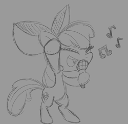 Size: 753x728 | Tagged: safe, artist:orbitalfox, derpibooru import, apple bloom, earth pony, pony, bipedal, eyes closed, female, filly, foal, microphone, music notes, open mouth, raised hoof, raised leg, singing, sketch, solo, the cmc's cutie marks