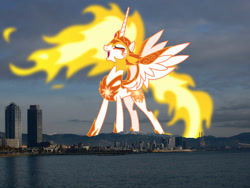 Size: 1024x768 | Tagged: safe, artist:chrzanek97, artist:thegiantponyfan, derpibooru import, daybreaker, alicorn, pony, barcelona, crown, female, giant alicorn, giant daybreaker, giant pony, giantess, highrise ponies, irl, jewelry, macro, mare, mega daybreaker, mega giant, photo, ponies in real life, regalia, spain