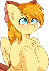 Size: 1662x2421 | Tagged: safe, artist:etoz, derpibooru import, oc, oc only, oc:deliambre, pegasus, pony, blushing, bow, commission, cute, eyebrows, eyebrows down, eyebrows visible through hair, female, hair bow, happy, mare, pegasus oc, raised hoof, raised leg, shy, simple background, smiling, solo, transparent background, ych result