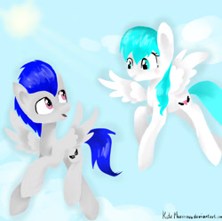 Size: 1600x1590 | Tagged: safe, artist:katemaximova, derpibooru import, oc, oc only, pegasus, pony, cloud, duo, flying, looking at each other, looking at someone, looking back, sky, spread wings, wings
