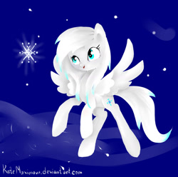 Size: 1600x1590 | Tagged: safe, artist:katemaximova, derpibooru import, oc, oc only, pony, female, flying, mare, snow, snowflake, solo, spread wings, wings