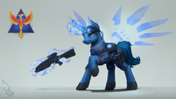 Size: 2880x1620 | Tagged: safe, artist:1jaz, derpibooru import, oc, oc only, oc:flint, pony, unicorn, armor, gun, rifle, solo, weapon