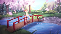 Size: 3960x2228 | Tagged: safe, artist:lunciakkk, derpibooru import, oc, oc only, oc:mckeypl, pony, unicorn, bridge, cherry blossoms, commission, ear fluff, ears, facial hair, flower, flower blossom, forest, horn, leaves, male, ponytail, river, solo, stallion, water