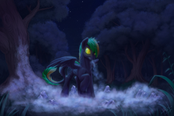 Size: 2500x1666 | Tagged: safe, artist:1jaz, derpibooru import, oc, oc only, pegasus, pony, fog, forest, night, slit eyes, solo