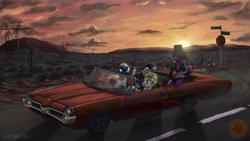 Size: 1600x900 | Tagged: safe, artist:1jaz, derpibooru import, oc, oc only, pony, bandage, car, desert, driving, electric guitar, guitar, musical instrument, pontiac, pontiac catalina, power line, red hot chili peppers, reference, rock (music), song reference