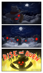 Size: 600x1010 | Tagged: safe, artist:1jaz, derpibooru import, pony, undead, cloud, fire, fog, hat, moon, night