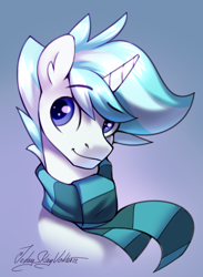 Size: 2000x2736 | Tagged: safe, artist:jedayskayvoker, derpibooru import, oc, oc only, oc:vanilla ice, pony, unicorn, bust, clothes, commission, cute, icon, male, portrait, raised eyebrow, scarf, sketch, solo, stallion, striped scarf