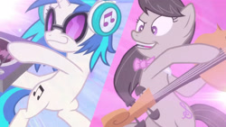 Size: 3410x1920 | Tagged: safe, derpibooru import, screencap, dj pon-3, octavia melody, vinyl scratch, earth pony, pony, unicorn, cello, dj pon 3 vs octavia melody (rio 2011), duo, faic, female, headphones, high res, insertavia, mare, musical instrument, open mouth, open smile, rio (2011), smiling