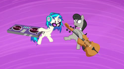 Size: 3410x1920 | Tagged: safe, derpibooru import, screencap, dj pon-3, octavia melody, vinyl scratch, earth pony, pony, unicorn, season 5, slice of life (episode), cello, duo, female, headphones, high res, mare, musical instrument, open mouth