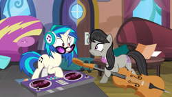 Size: 3410x1920 | Tagged: safe, derpibooru import, screencap, dj pon-3, octavia melody, vinyl scratch, earth pony, pony, unicorn, season 5, slice of life (episode), cello, duo, female, headphones, high res, mare, musical instrument, open mouth