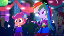 Size: 3410x1920 | Tagged: safe, derpibooru import, screencap, indigo wreath, nolan north, rainbow dash, scootaloo, eqg summertime shorts, equestria girls, raise this roof, background human, belt, canterlot high, clothes, cutie mark on clothes, duo focus, eyes closed, fall formal outfits, female, fingerless gloves, gloves, grin, high res, male, open mouth, open smile, sleeveless, smiling
