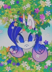 Size: 645x900 | Tagged: safe, artist:stacy_165cut, derpibooru import, rarity, pony, unicorn, bust, female, flower, flower in hair, horn, looking at you, mare, plant, solo