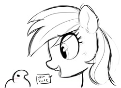 Size: 1233x904 | Tagged: safe, artist:_ton618_, derpibooru import, rainbow dash, pegasus, pony, blushing, broken english, bust, candy, dialogue, female, food, mare, peep, peeps, side view, simple background, solo, speech bubble, talking, white background