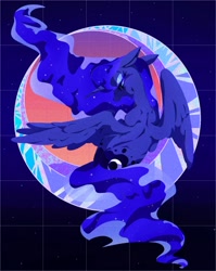 Size: 1490x1875 | Tagged: safe, artist:stacy_165cut, derpibooru import, princess luna, alicorn, pony, abstract background, female, mare, moon, rear view, solo