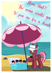 Size: 3543x5010 | Tagged: safe, artist:bnau, derpibooru import, oc, oc only, oc:zeny, pegasus, pony, alcohol, alternate hairstyle, beach, beach towel, beach umbrella, beer, beer can, cap, cooler, female, german, hat, holding, ice, looking at you, mare, ocean, postcard, show accurate, solo, sun, umbrella, vector, water, wing hands, wings, writing