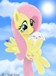 Size: 1280x1707 | Tagged: safe, artist:thedarktercio, derpibooru import, angel bunny, fluttershy, pegasus, pony, angelbetes, cloud, cloudy, cute, flying, shyabetes, sky, sun