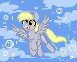 Size: 1605x1311 | Tagged: safe, artist:nootaz, derpibooru import, derpy hooves, pegasus, pony, blushing, female, flying, mare, open mouth, open smile, smiling, solo, spread wings, wings