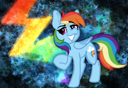 Size: 2127x1470 | Tagged: safe, artist:nootaz, derpibooru import, rainbow dash, pegasus, pony, abstract background, backwards cutie mark, female, mare, smiling, solo