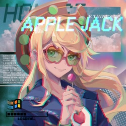 Size: 2362x2362 | Tagged: safe, artist:alice-x, derpibooru import, part of a set, applejack, human, eqg summertime shorts, equestria girls, shake things up!, anaglyph 3d, apple, candy, equestria music festival, female, food, glasses, hat, lollipop, looking at you, lyrics, progress bar, solo, text, windows, windows 95