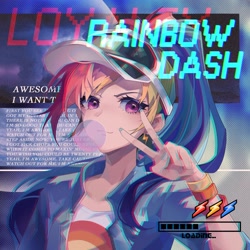 Size: 2362x2362 | Tagged: safe, artist:alice-x, derpibooru import, part of a set, rainbow dash, human, equestria girls, anaglyph 3d, awesome as i want to be, baseball cap, bubblegum, cap, equestria music festival, female, food, gum, hat, humanized, looking at you, lyrics, peace sign, progress bar, solo, text, wristband