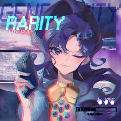 Size: 2362x2362 | Tagged: safe, artist:alice-x, derpibooru import, part of a set, rarity, human, equestria girls, life is a runway, anaglyph 3d, cellphone, equestria music festival, female, looking at you, lyrics, mouse cursor, one eye closed, phone, progress bar, smartphone, solo, text, wink, winking at you