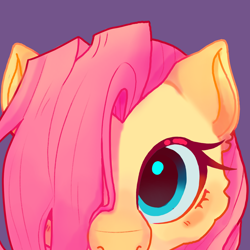 Size: 1280x1280 | Tagged: safe, artist:tomstown, derpibooru import, fluttershy, pony, blushing, bust, female, full face view, hair over one eye, looking at you, looking up, looking up at you, mare, portrait, simple background, solo