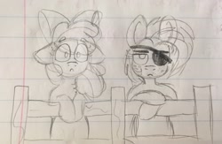 Size: 2048x1338 | Tagged: safe, artist:pink-pone, derpibooru import, apple bloom, babs seed, earth pony, pony, cousins, eyepatch, female, fence, filly, foal, sketch, traditional art