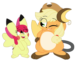 Size: 2048x1664 | Tagged: safe, artist:animatroniclovingsylveon, derpibooru import, apple bloom, applejack, pikachu, eye clipping through hair, female, grin, one eye closed, open mouth, open smile, pikabloom, pokefied, pokémon, race swap, raichu, siblings, simple background, sisters, smiling, transparent background, voice actor joke, wink