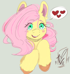 Size: 522x552 | Tagged: safe, artist:zeplenx, derpibooru import, fluttershy, pony, blushing, bust, colored ear fluff, colored hooves, female, heart, looking at you, mare, open mouth, open smile, pictogram, simple background, smiling, solo, speech bubble, spoken heart