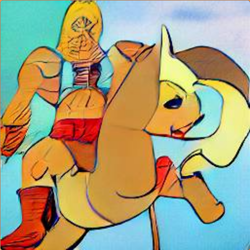 Size: 930x930 | Tagged: safe, derpibooru import, machine learning generated, applejack, human, abstract art, dall·e mini, he-man, modern art, riding a pony