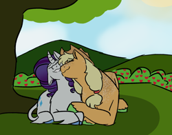 Size: 1654x1299 | Tagged: safe, artist:lieutenantcactus, derpibooru import, applejack, rarity, classical unicorn, earth pony, pony, unicorn, apple, apple tree, cloven hooves, duo, eyes closed, female, leonine tail, lesbian, lying down, mare, nuzzling, prone, rarijack, shipping, smiling, sweet apple acres, tree, under the tree, unshorn fetlocks